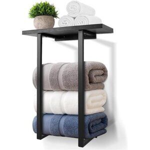 Towel Racks for Bathroom Wall Mounted, Metal Towel Holders w/ Black Wooden Shelf